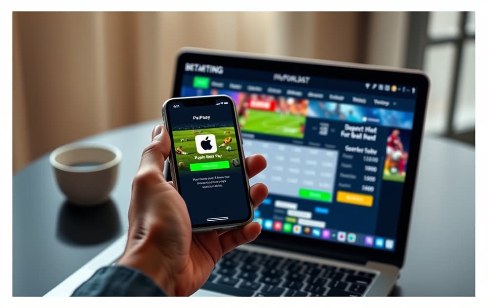 En person som bruker Apple Pay på iPhone for å sette inn penger på en betting-side på en laptop.