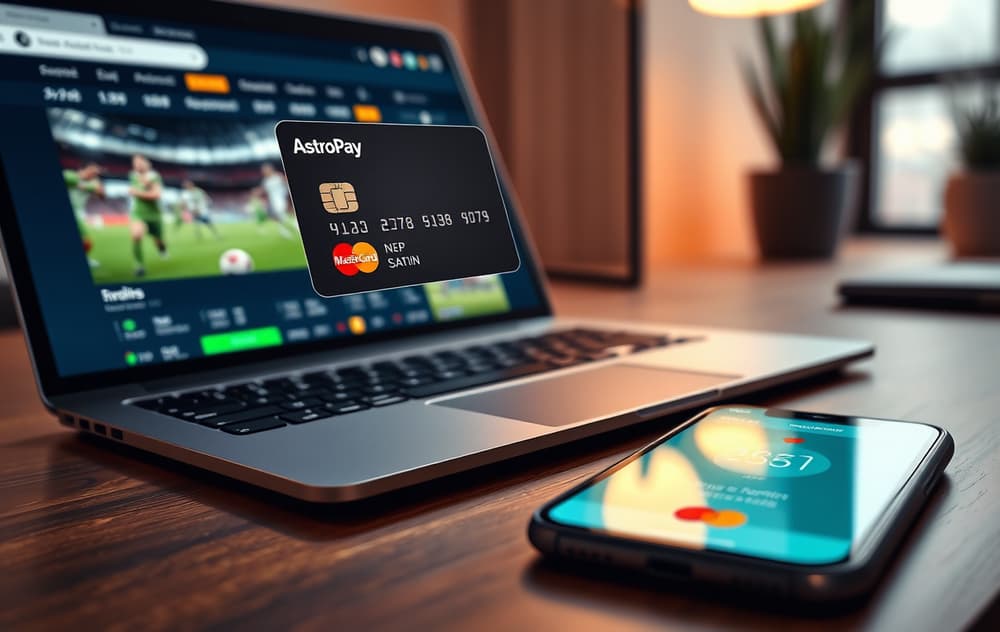 Mobiltelefon med AstroPay-app ved siden av laptop med sportsspillvev – virtuelt Mastercard-kort i forhåndsvisning.