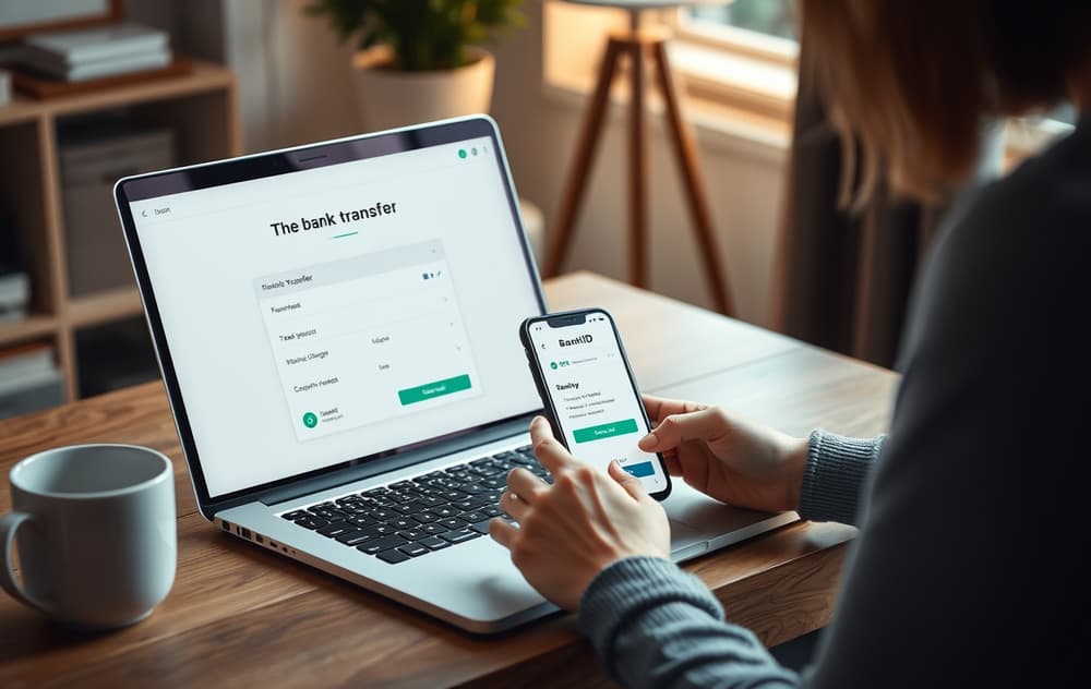 Norsk spiller som gjennomfører bankoverføring for betting på laptop med BankID-app på mobilen