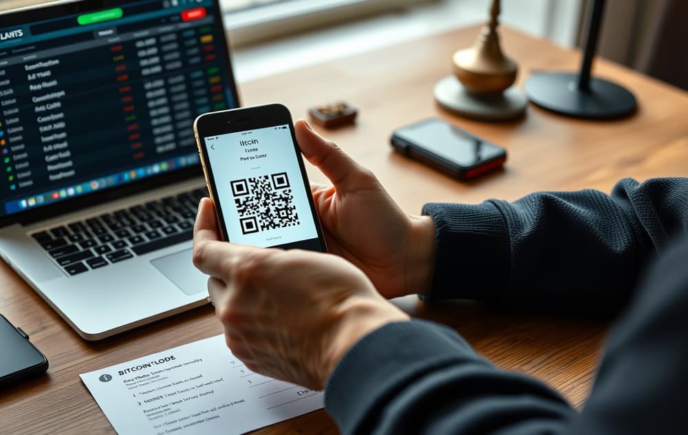 En person som skanner en Bitcoin QR-kode fra en bookmakers kasse med mobilen, med sportsodds på skjermen.