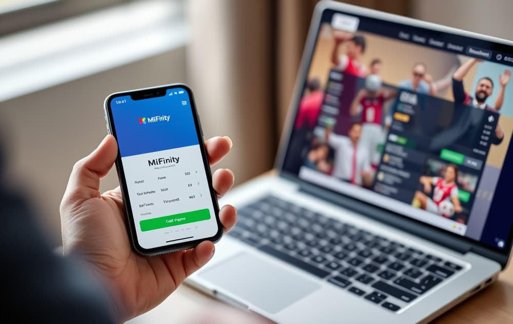 Person med mobil og laptop som viser MiFinity-app og betting-side