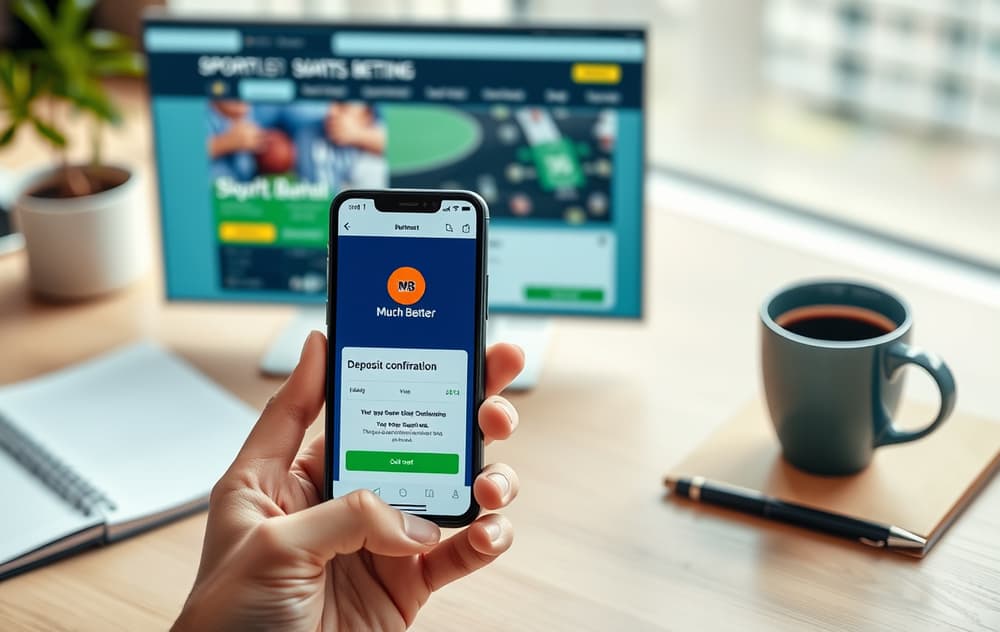 Person som bruker MuchBetter-appen på mobilen for å sette inn penger på en bettingside – bakgrunnen viser en skjerm med odds og innskuddsbekreftelse.