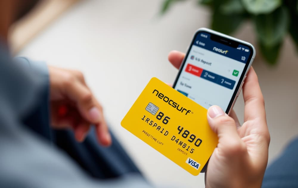 Person som holder en Neosurf-kupong med PIN-kode ved siden av en mobiltelefon med bookmakerens innskuddsskjerm.