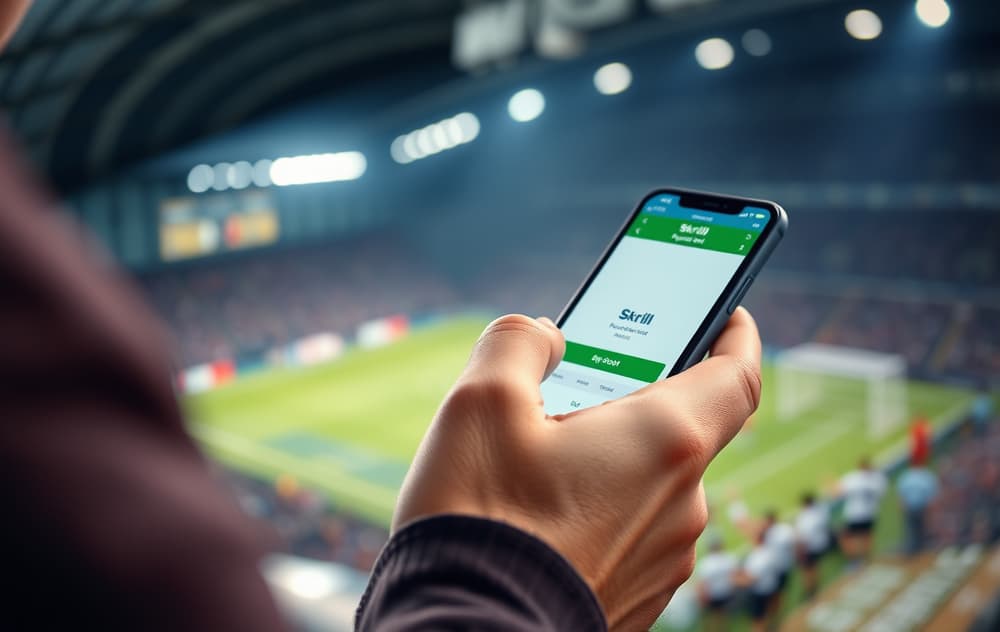 Person som setter inn penger via Skrill på en bettingside med fotballkamp i bakgrunnen