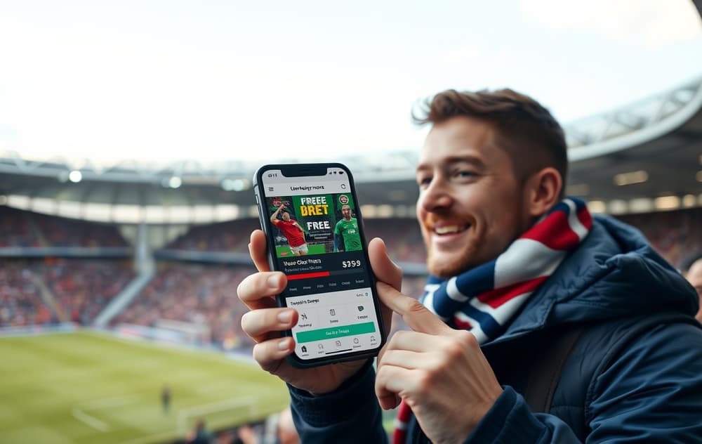 Norsk spiller med mobil som viser gratisspill-tilbud