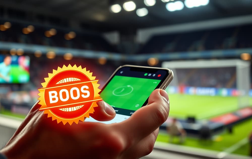 En person som sjekker oddsboost på mobilen, med fotballkamp i bakgrunnen.