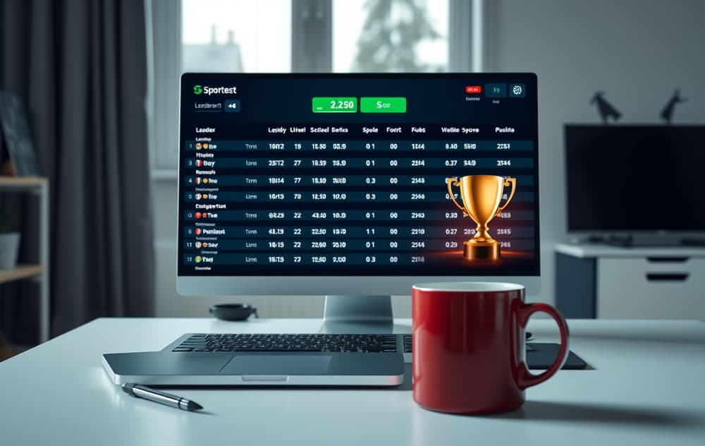Skjermbilde av en leaderboard for oddskonkurranse med premier, plassert på et skrivebord med kaffekopp.