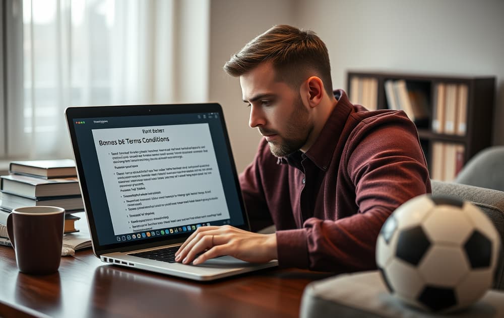 Norsk spiller studerer bonusvilkår på pc med kaffekopp og fotball i bakgrunnen.