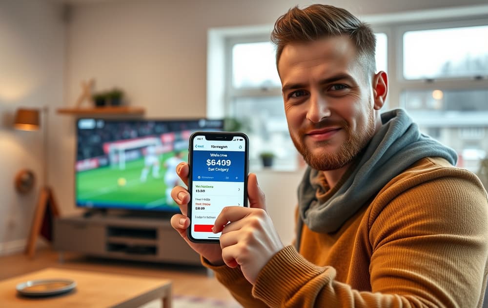 Norsk spiller som vurderer en velkomstbonus på mobilen foran en fotballkamp på TV