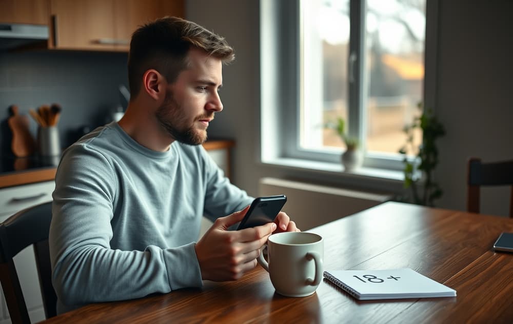 Mann som sjekker odds på mobilen ved kjøkkenbordet, med kaffekopp og notatblokk