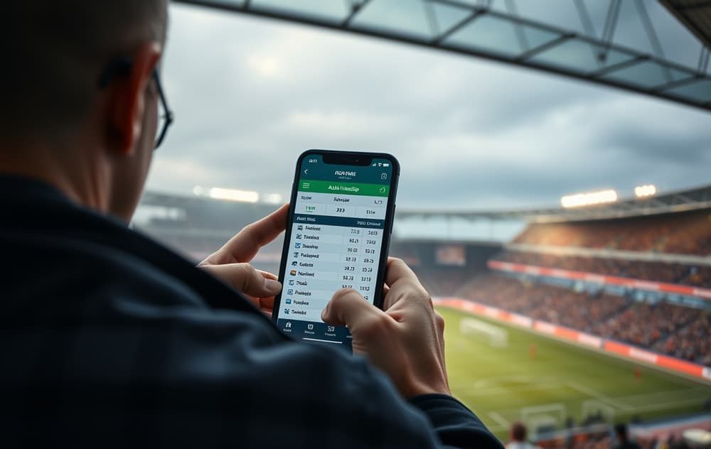 Smarttelefon med Asian Handicap-odds foran en fotballkamp på stadion.