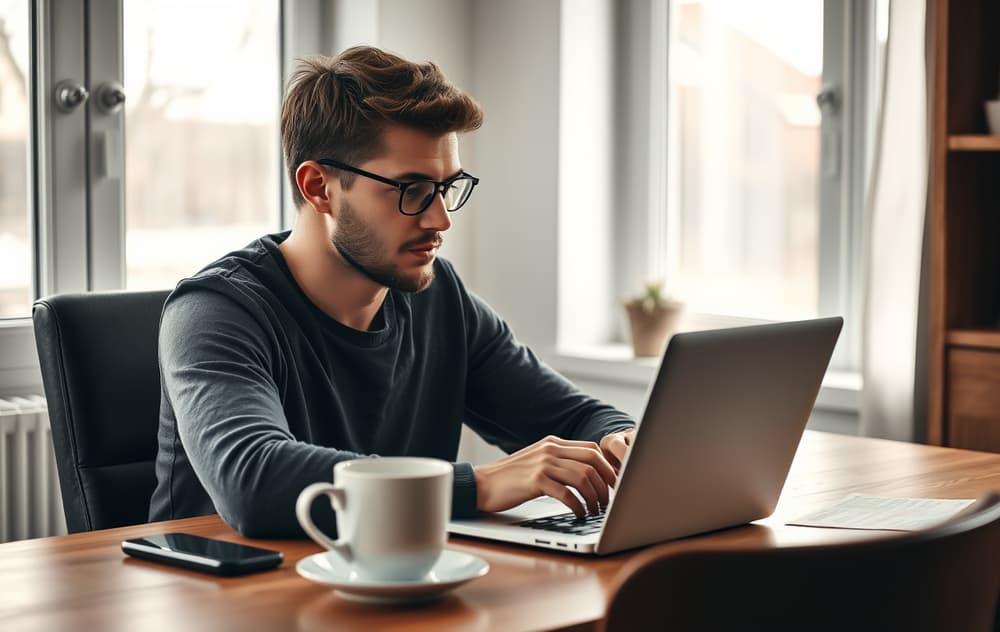 Norsk mann som sjekker bettingodds på laptop, med ansvarlig spilling-brosjyre synlig.
