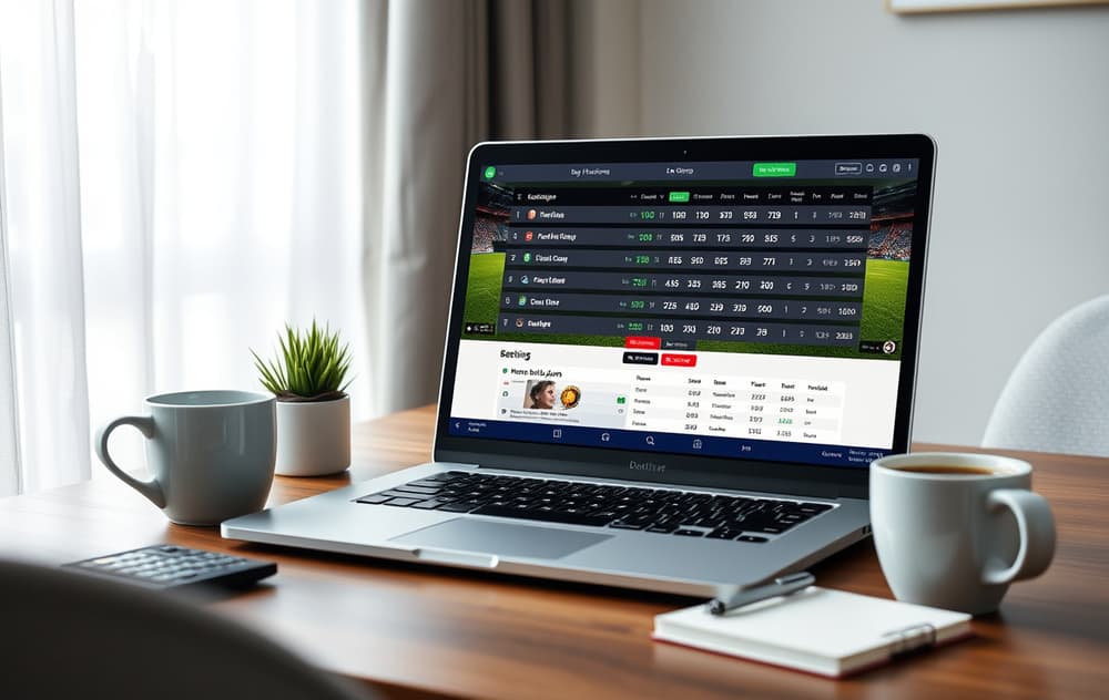 Norsk bettingskjerm med fotballodds og kalkulator på et bord.