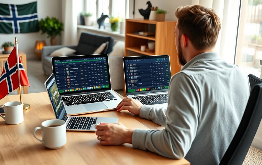 En person sammenligner odds på to dataskjermer, med norsk flagg og kaffekopp ved siden av.