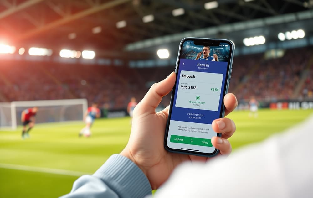 En person som setter inn penger på en bettingkonto med mobilen, med norsk krone-symbol og fotballkamp i bakgrunnen.