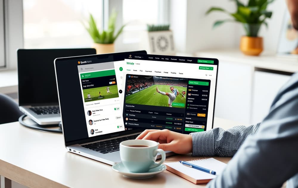Person som sitter ved skrivebord og bruker live chat hos en bookmaker, med kaffekopp og notatblokk