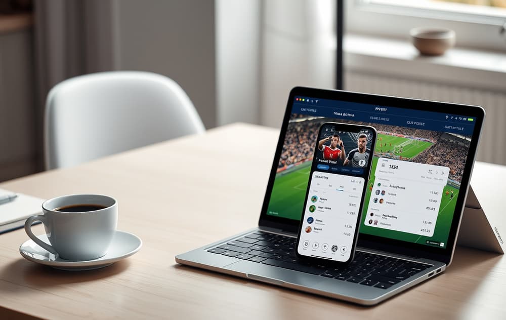 Moderne sportsbetting-grensesnitt på mobil og laptop med fotballkamp og odds