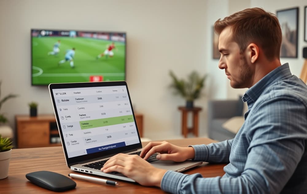 En person som bruker oddsbygger på en bærbar PC med fotballkamp på TV i bakgrunnen