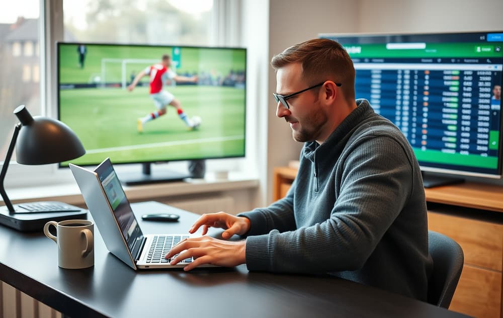 Norsk spiller som sammenligner odds på laptop med fotballkamp på TV