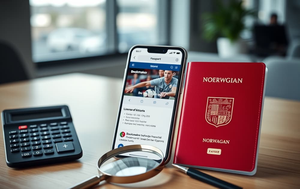 Norsk pass og kalkulator ved siden av mobiltelefon med bookmakerside og lisensinformasjon