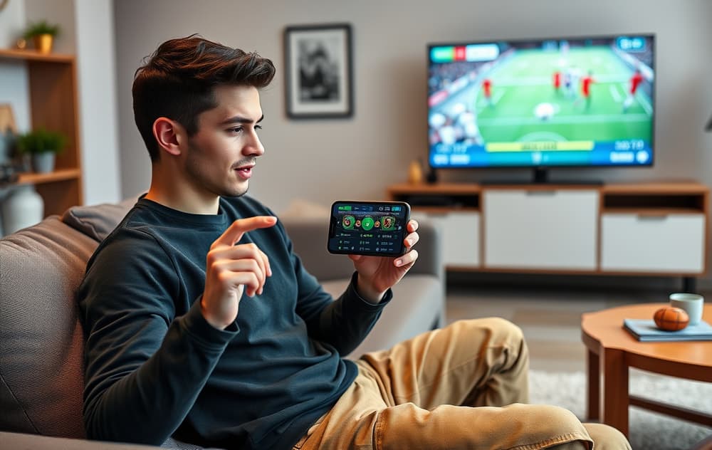 Mann som tipper på mobilen i sofaen med fotball på TV