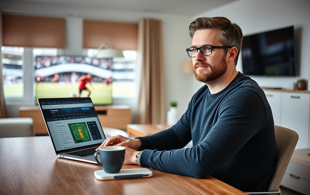 En person sitter ved et skrivebord og sammenligner bettingsider for fotball på en bærbar PC.