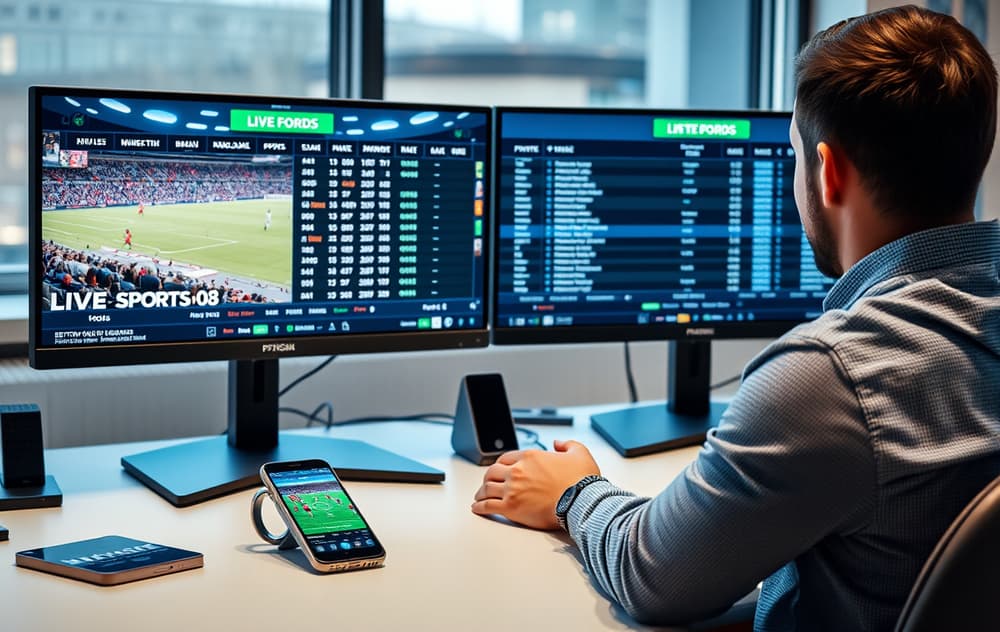 Person som følger med på live odds på to skjermer med mobiltelefon ved siden av