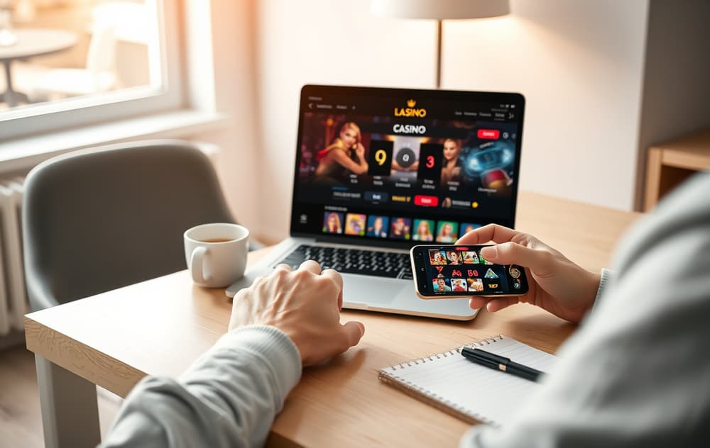 Person som sammenligner nettcasino på laptop og mobil