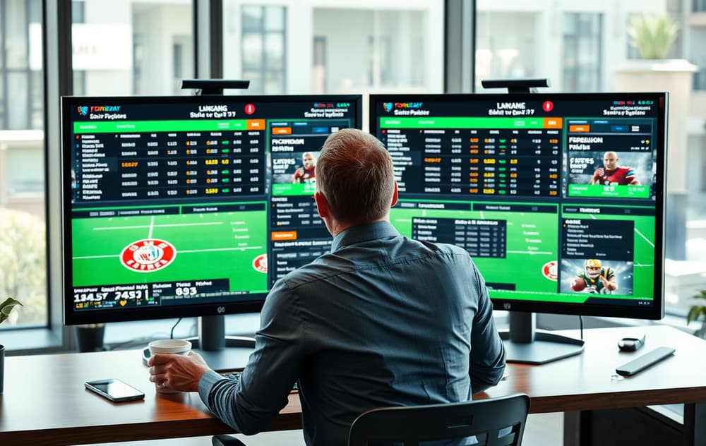 Person som analyserer odds på to skjermer med bettingsider åpne