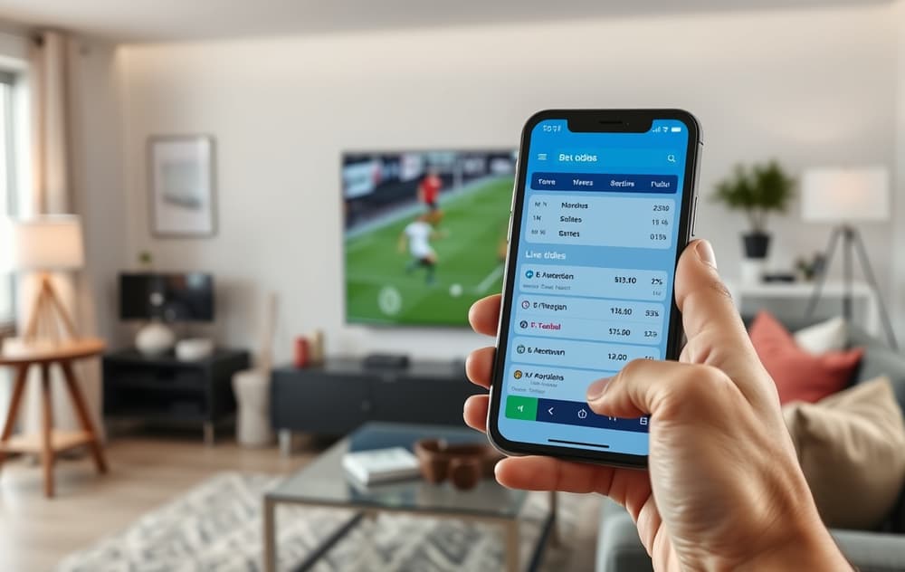 Person med mobiltelefon som viser en bettingapp med odds og sportsstatistikk