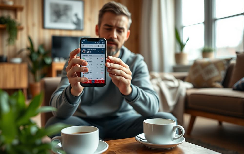 Norsk spiller sjekker odds på mobilen med kaffekopp på bordet