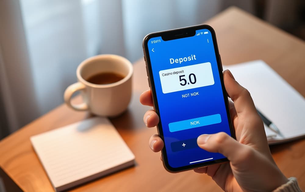 Person som utfører et lavt innskudd på 50 kroner på et nettcasino via mobilen