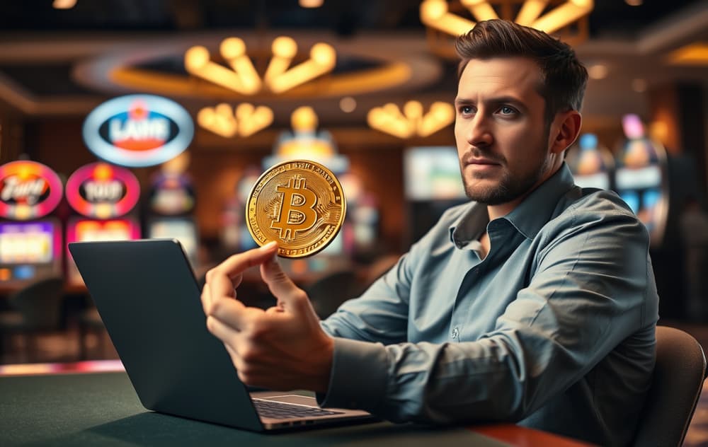 Person som sammenligner kryptocasinoer på laptop med Bitcoin-mynt i hånden