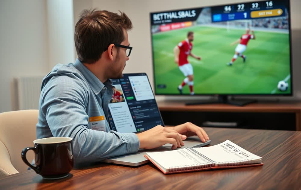 Person som sammenligner fotballodds på to bettingsider på en bærbar PC, med en fotballkamp på TV i bakgrunnen.