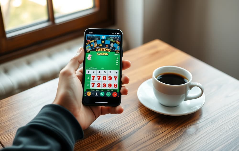 Person som holder en smarttelefon med et casinospill på skjermen, sittende ved et bord med en kaffekopp