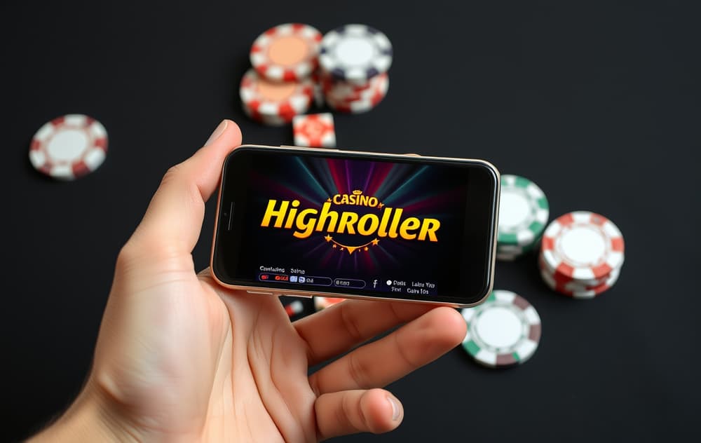 Mobiltelefon som viser Highroller Casino med spilleautomater og mørk bakgrunn