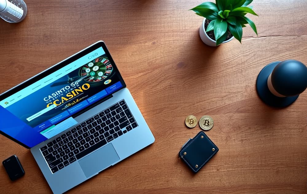 Bord med laptop som viser et kryptocasino, en hardware wallet og noen Bitcoin-mynter foran