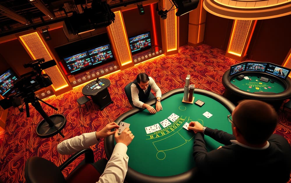 Live casino-studio med dealer og blackjack-bord, profesjonell setting