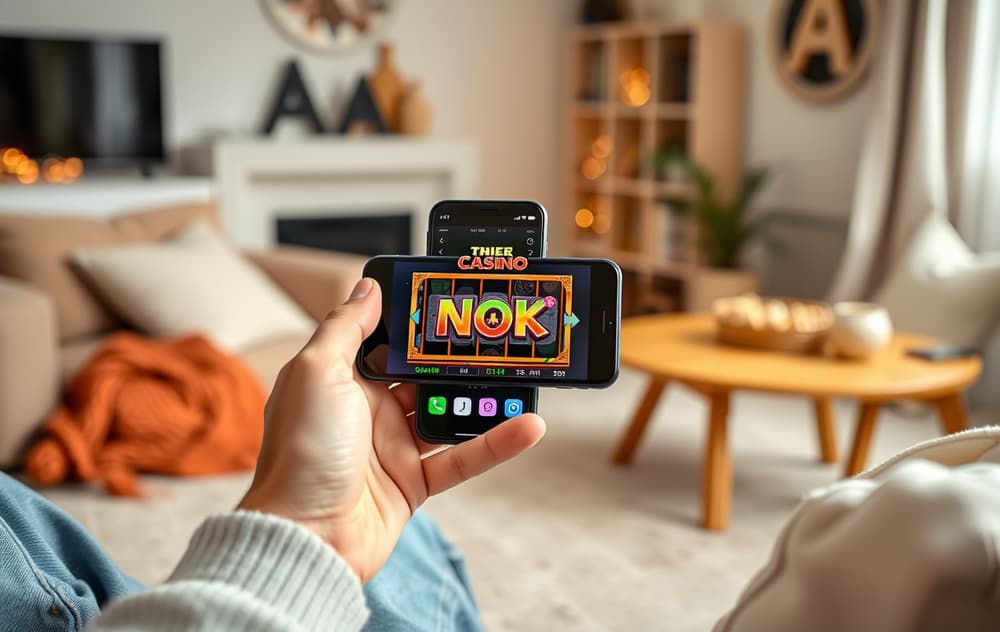 Person som holder en mobiltelefon med et casinospill på skjermen, i en stue med skandinavisk interiør.