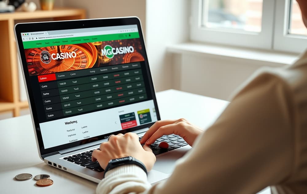 Person som sammenligner nettcasinoer på laptop med lisenslogoer synlige