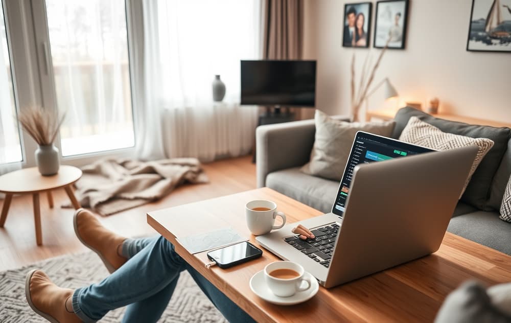 Person spiller norsk casino på laptop i moderne stue.