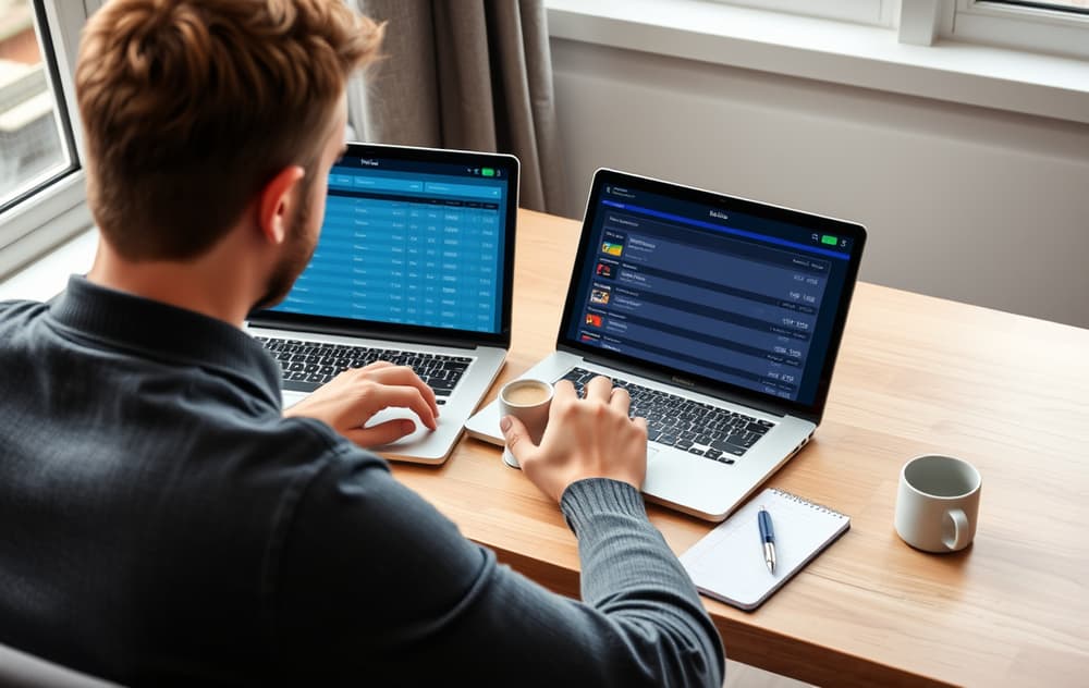 En person sammenligner to bettingsider på laptop og nettbrett, med notatblokk og kaffekopp på bordet.