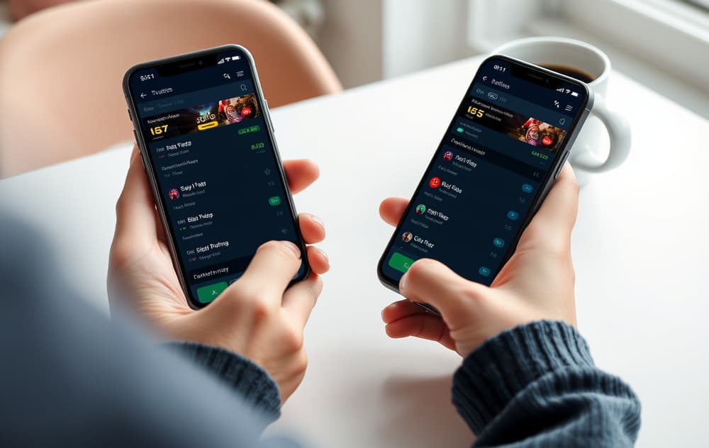 En person sammenligner bettingsider på to mobiltelefoner med odds og bonuser synlig.