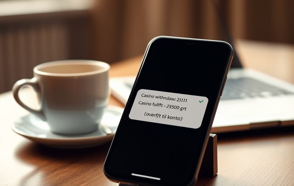 Smarttelefon som viser vellykket uttak fra casino, med kopp kaffe og laptop i bakgrunnen