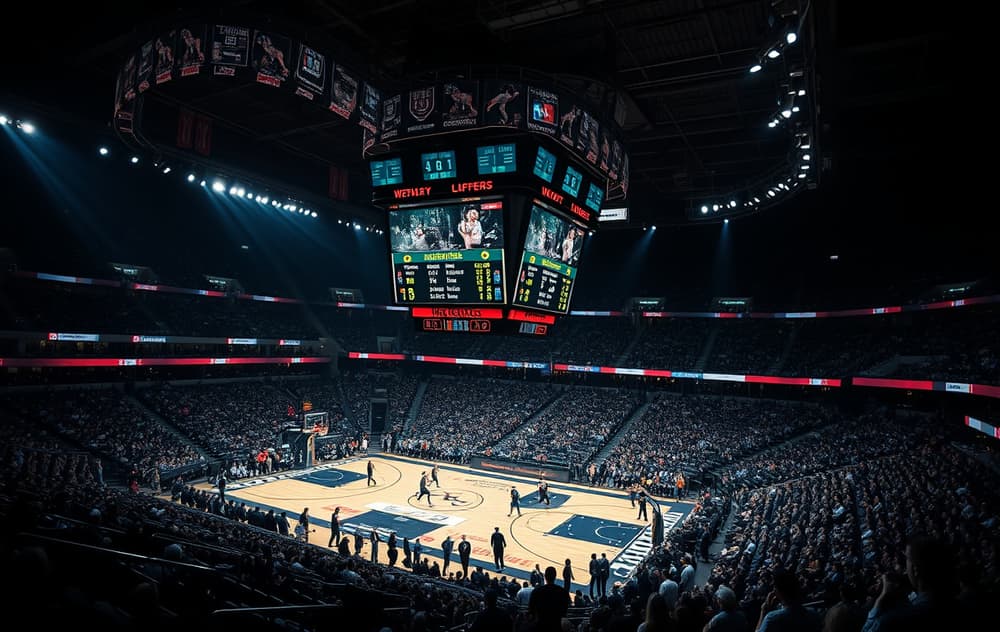 Basketballkamp i arena med odds og statistikk på skjermen