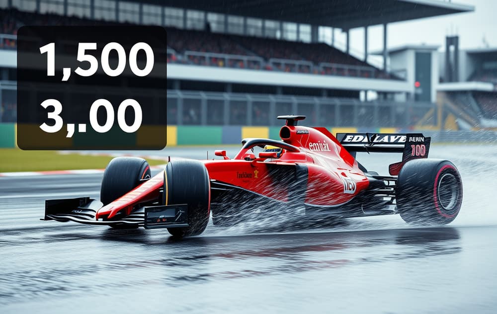 Formel 1-bil på våt bane med odds-overlay