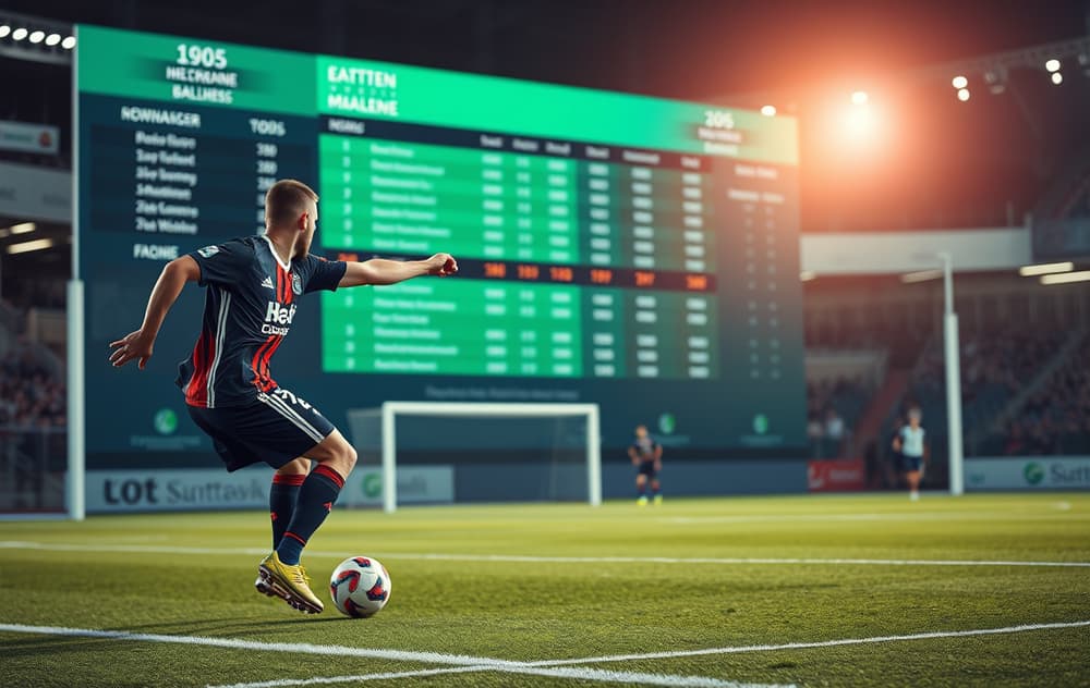 Fotballspiller scorer mål med odds-tall på skjerm i bakgrunnen
