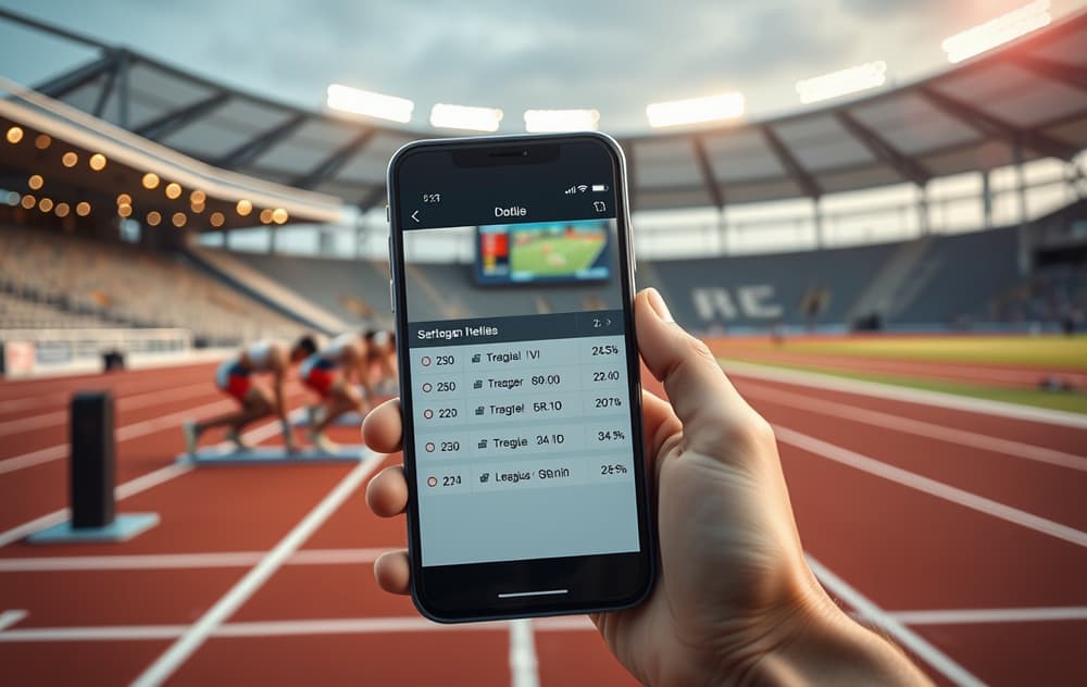 En friidrettsbane med en løper i startblokken og en mobiltelefon med odds-skjerm i forgrunnen.