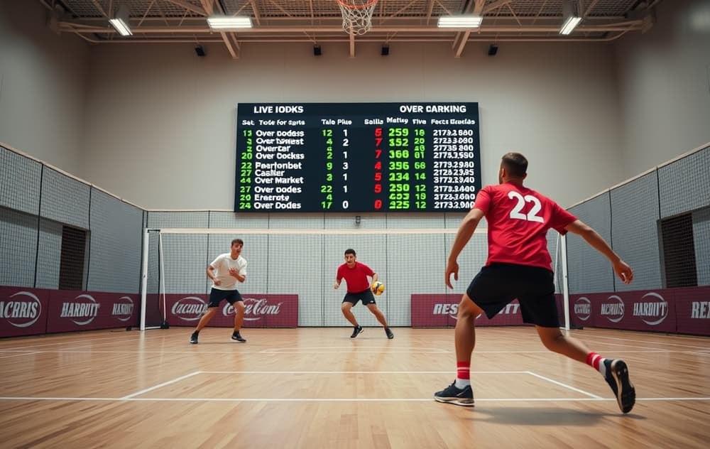 Håndballkamp med spillere i action og oddstall på skjerm
