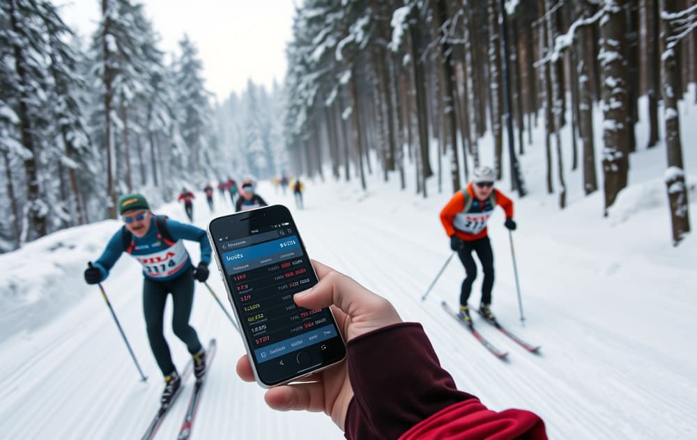 Langrennsløpere i aksjon med odds- og bettinginfo på mobil